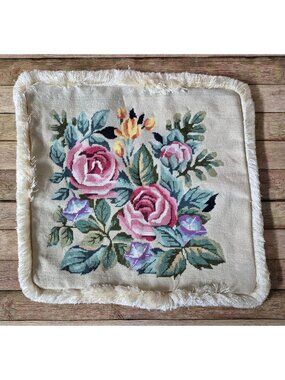18" Square Cross Stitch Handmade Pillow Cover Roses Floral Fringe Shabby Chic